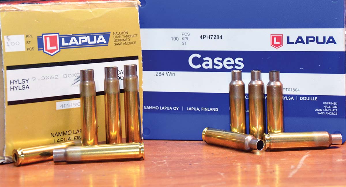 The gross water capacities of Lapua 9.3x62mm cases (left) and Lapua 284 Winchester cases (right) necked up for 9.3mm (0.366-inch) bullets are the same. When the 9.3-284 is loaded to a maximum cartridge length of 2.800 inches for a short action, its net capacity is less than that of the Mauser cartridge.